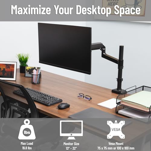 Image of Mind Reader Single Monitor Arm for 13-32 Inch Screens, Gas Spring VESA Desk Mount, 180 Rotation, ±180 Swivel, ±65 Tilt, Integrated Cable Management, Holds up to 19.8 lbs, Black