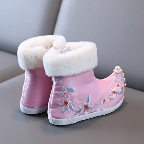 Girl Boots Toddler Gilrs Rubber Sole Warm Winter Snow Boots Embroidery Print Cloth Boots (Pink, 11-11.5 Years Big Kids)4
