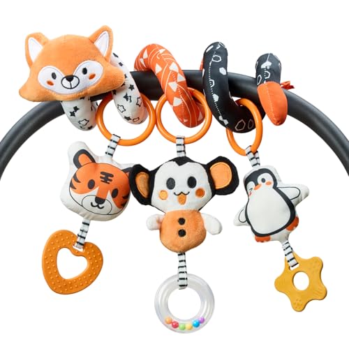 TUMAMA Blanco y Negro Juguete Espiral Carro Bebe 0 2 3 6 9 Meses, Juguetes Hamaca Actividades Bebes para Cochecito Carrito Cuna, Zorro Juegos Tener Colgantes Sonajero y Mordedor para Recien Nacido