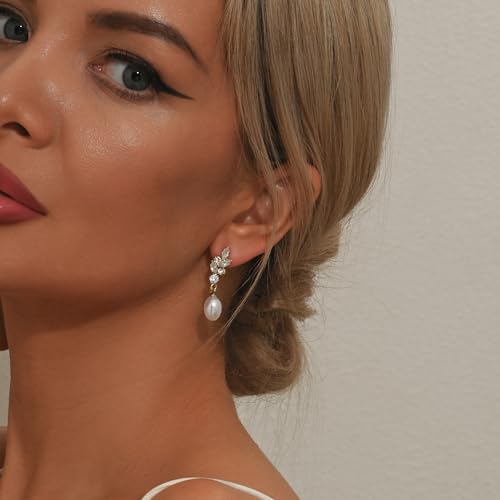 STONEFANS Pearl Earrings for Women - 14K Gold Plated Leaf Flower Bar CZ Pearl Drop Dangle Dainty Gold Earrings for Women Trendy Wedding Jewelry Bridesmaids Gifts3