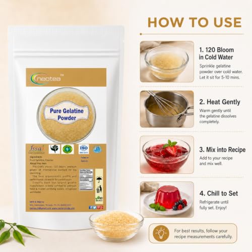 Image of Neotea GELATIN Premium Gold Gelatin of International Standard (Unflavoured) Best for Cake, Pudding, Jelly, Entremets & Desserts (500 gm)