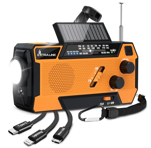 Extralink Kurbelradio Notfallradio mit Solar & Kurbel, Ladefunktion 4000 mAh mit integrierten Ladekabeln, FM/AM Radio, LED Taschenlampe & Leselicht, SOS Alarm - für Blackout, Camping & Outdoor