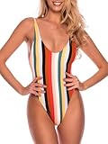 RELLECIGA Women's Multi Striped High Cut Low Back One Piece Swimwear Bathing Suits Size Medium