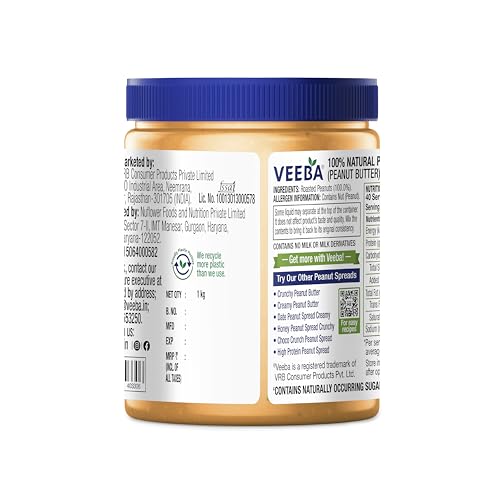 Image of Veeba 100% Natural Peanut Butter (1Kg) (Pack of 2)
