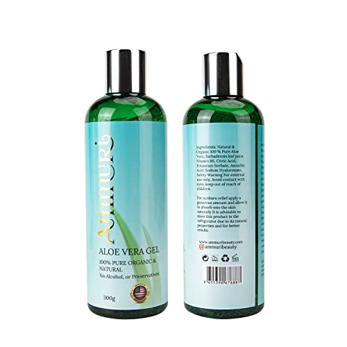 Organic Aloe Vera Gel with 100% Pure Aloe from Freshly Cut Aloe - Skin and Hair Care - No Sticky Residue - Large 300 ML