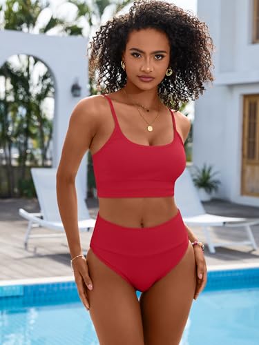 Image of ANRABESS Women's High Waisted Bikini Sets,Color Block 2 Piece Swimsuits,Tummy Control Bathing Suits,Thick Ribbed Beach Wear