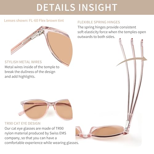 Image of Outdoor FL-Flex Fluorescent-60 Light Brown Tinted Blue Light Blocking Glasses Cat Eye Migraine Light Sensitivity Glasses Photophobia Fluorescent LED Glare Women AB3311(Pink Frame Cinnamon Lens)