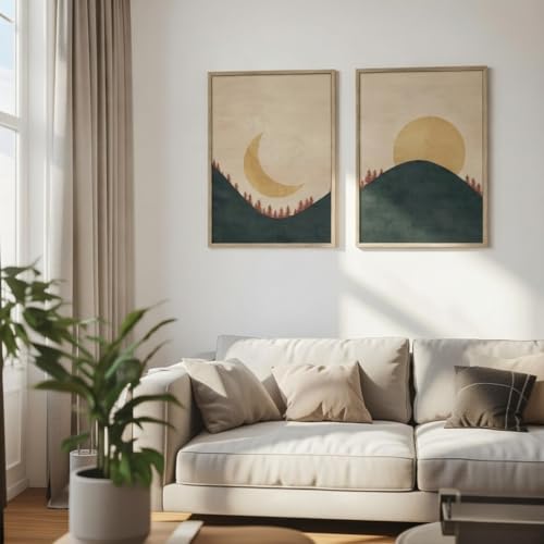 Image of Livin'luxe Set of 2 Moon and Sun Landscape Wall Art Premium MDF Wooden color Color Framed HD Sparkle Lamination Printed Minimal Mountain Painting for Living Room Bedroom Home Decor