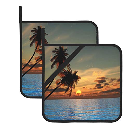 Potholders, Sunset Coconut Palm Tree On Beach Blue Ocean Baking Pot Holder For Cooking Bbq, 2-Piece Set #TOP23