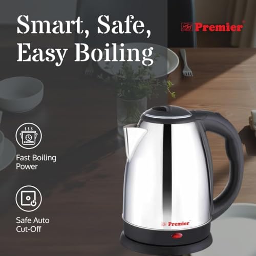 Image of Premier Sizzle Stainless Steel Electric Kettle with Stainless Steel Body | 1.5 litre | Used for Boiling Water, Making Coffee and Tea Varieties, Noodles, Soups | 360 Swivel Power Base | Auto Cut Off