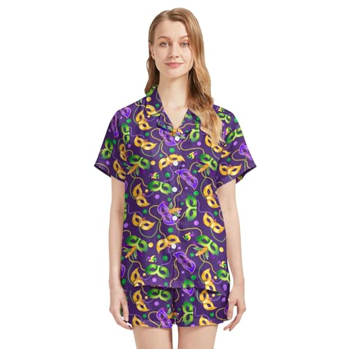 Image of Funny Pajamas for Women Set Print Satin Loungewear Pjs Short Sleeve Button Down Top and Shorts Sets Sleepwear XS-3XL