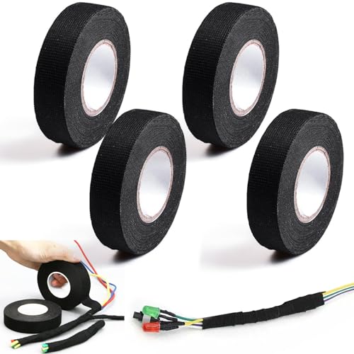 Wiring Harness Cloth Tape,4 PCS Electrical Tape Black Fabric Cloth Tape,19mmX15m Wiring Loom Tape,Wiring Harness Loom Insulating Tapes for Car,Heat Proof Cloth Electrical Tapes for Reduce Noise