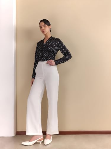 Image of FableStreet Women Formal Shirt | Relaxed Fit V-Neck Polka Dot Pattern with Pleated Detailing | Satin Fabric for Business Casual