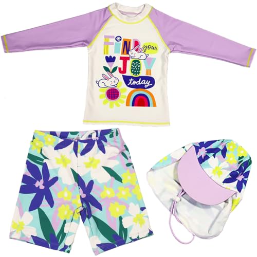Kids Swimsuit Girls Happy Easter Rabbit Print Swim Shirts Rash Guard Sets Sun Hat UPF 50+ Bathing Suit Swimwear Purple