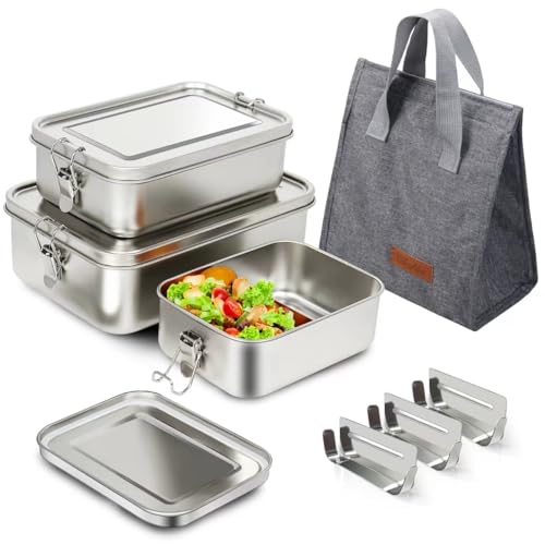Jekasy 304 Stainless Steel Bento Box 3 Pack Stainless Steel Containers With Lids 2400/1400/850ml Leak-Proof & Stackable Storage Food Storage Containers for Soup Salad Leftover