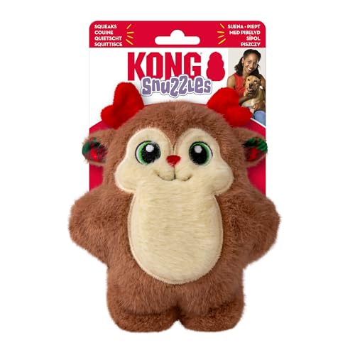 KONG Holiday Snuzzles Dog Toy – Plush Seasonal Characters, Full-Body Squeaker, Soft Holiday Cuddle Toy for Indoor Play (Reindeer, Small)