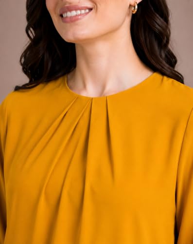 Image of Mirana Women's Full Sleeve Solid Top | Round Neck Pleated Front Regular Fit Office Casual Blouse with Button Cuffs