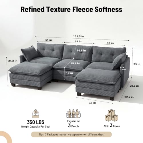 Image of Amsleekey 111.5 inch U Shaped Modular Sectional Sofa, Gray Corduroy
