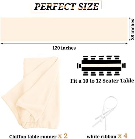 Showgeous 2 Pcs Chiffon Table Runner 28x120 Inches Romantic Wedding Runner 10ft Ivory Chiffon Table Cover Dressing Table Runner for Wedding Birthday Party Bridal Baby Shower Decorations