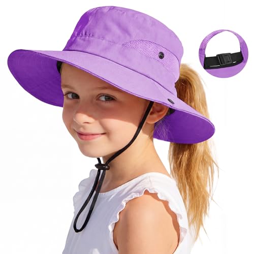 Zando Ponytail Hole Kids Sun Hat Adjustable Girls Beach Bucket Hat UPF 50+ Wide Brim Sun Protection Foldable...