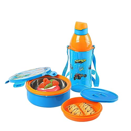 CELLO Tiffy Hotwheelz Gift Set Insulated Lunch Box & Water Bottle for Kids | Tiffin Box 460 ml, Water Bottle 400 ml, Blue & Orange | Leak Proof | Easy