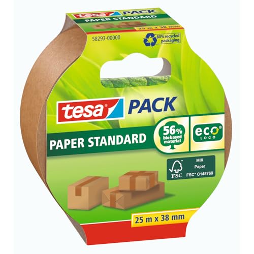 tesa tesapack Papier Standard - Umweltschonendes Paketband aus Papier, 56% biobasiertes Material - Effizient und recyclingfreundlich - Braun - 25 m x 38 mm