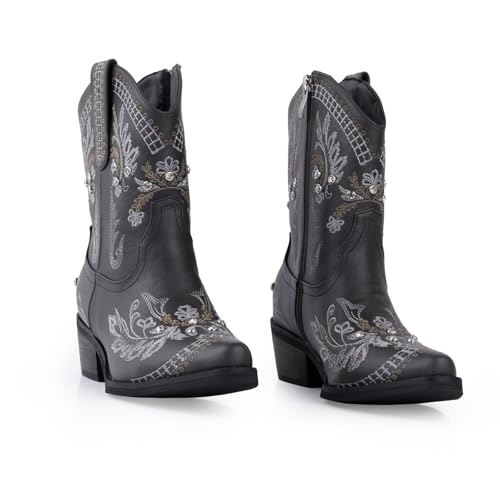 Image of Rhinestone Ankle Cowboy Boots for Women Embroidered Short Cowgirl Boots with Low Heel Side Zipper Comfortable Chunky Heel Western Booties for Prom Party Wedding Pull On Shoes