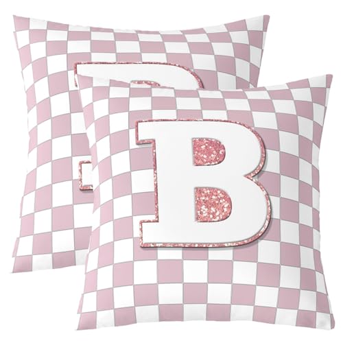 Image of Erosebridal Pink Initial B Throw Pillow Covers 18x18 Set of 2 Kawaii Plaid Checkered Pillow Covers Cute Personalized Monogram Cushion Cover Fashion Grids Gingham Pillow Cases for Couch Sofa
