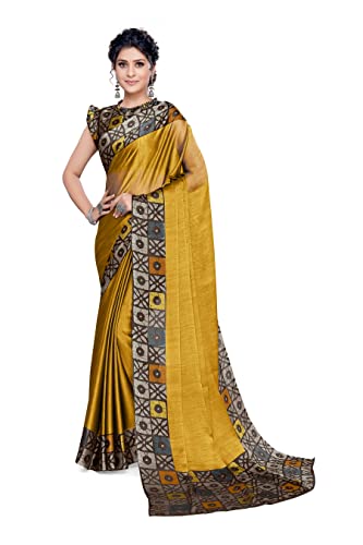 MIRCHI FASHION SOURBH Women's Chiffon Batik Style Border-Palav Printed Saree with Blouse Piece, Mustard, Beige, One Size