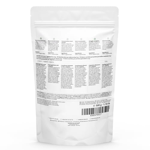Nutri + L-Arginine Base Poudre 500g - dosage le plus élevé - végétal par fermentation - L-Arginine Poudre pure - Vegan - Neutre - sans additif - qualité premium – vue 6