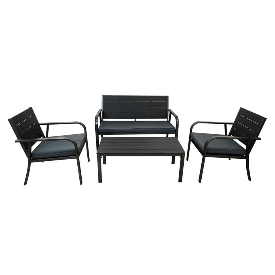 Totò Piccinni Set CUBA Salottino Completo di Divano 2 Poltrone e Tavolino Struttura in Metallo e piano in Polietilene con Cuscini (Nero)