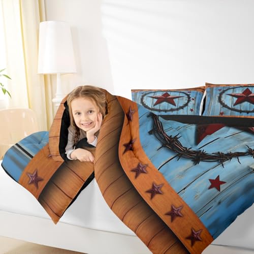 Image of Red Western Texas Star Bedding Set Rural Country Farmhouse Comforter Set for Kids Boys Girls Rustic Wooden Board Comforter Vintage Brown Blue Duvet Set Room Decor Quilt Set Twin Size