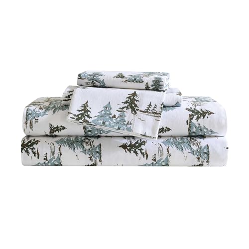 Image of Eddie Bauer - Flannel Sheets King Size, Anti-Pilling & Wrinkle Resistant Cotton, Touchably Soft for All-Season Comfort - Bed Sheets with Matching Pillowcases & Fitted Sheet (Snowy Pine Trees Green)
