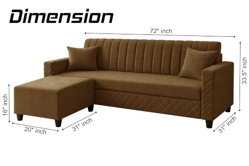 Image of 3 Seater Velvet Sofa with Ottoman | Modern Upholstered Couch | Quilted Design | Soft Comfortable Seating | Sturdy Wooden Frame | Living Room, Office - Golden