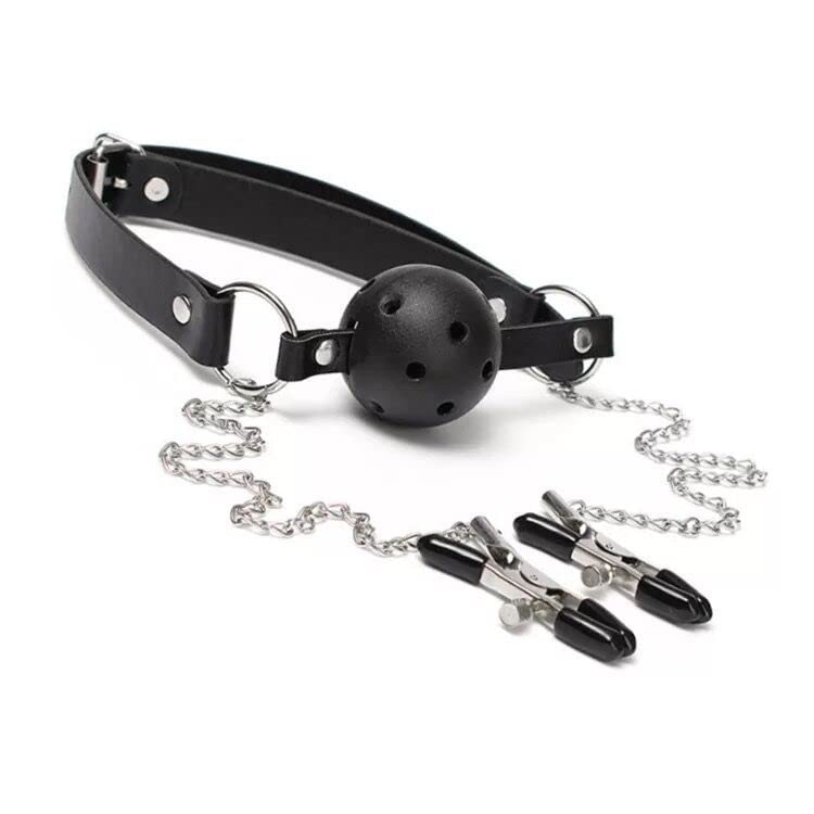 Bavaglio per Adulti con Pallina per Bocca (Ball Gag) e Catena con Morsetti Seno, Pinze Strizza Capezzoli, Morso per Bocca Sadomaso
