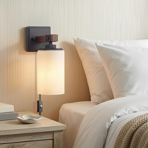 Image of Plug in Wall Sconces Set of 2, Rustic Wall Light with On /Off Switch, 2-in-1 | Plug Farmhouse Wall Lamps with White Glass Shade for Bedroom Living Room Hallway, Faux Brown Wood Grain, E26(Bulb Not Includ)