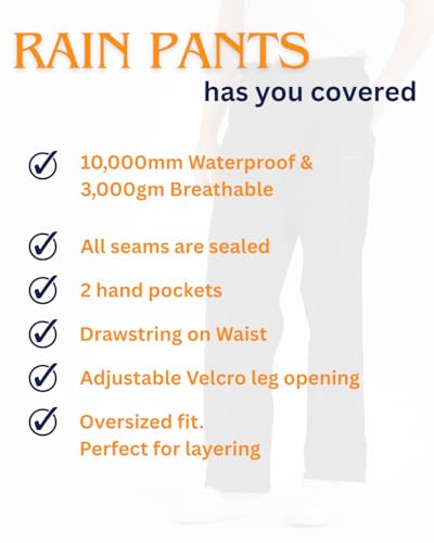 Acme Projects Rain Pants, 100% Waterproof, Breathable, Taped Seam, 10000mm/3000gm for Hiking Golfing Fishing Black