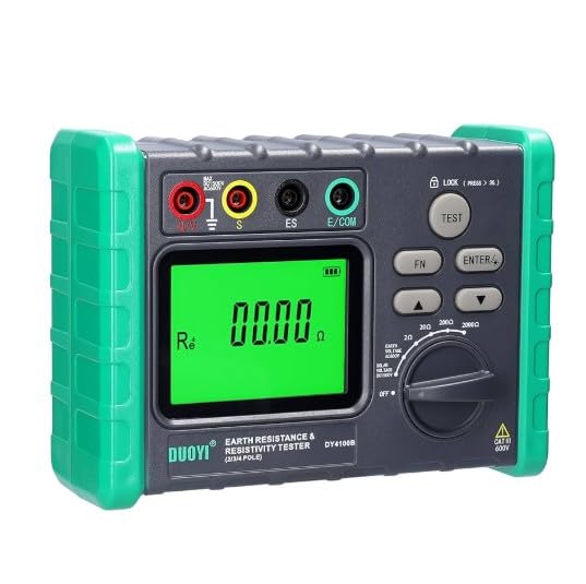 Front view of the DUOYI DY4100B Earth Resistance Tester showing the LCD display, function dial, and input terminals.