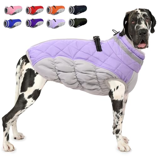 Image of AOFITEE Dog Coat, Warm Dog Winter Coat for Large Dogs, Reflective Turtleneck Dogs Jacket with Harness Built in, Waterproof Windproof Pet Puffer Jacket Fleece Vest for Cold Weather, Lilac XXXL