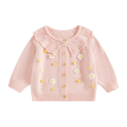 Toddler Girl Floral Knit Cardigan Flower Embroidery Long Sleeve Crochet Lace Collar Button Down Sweater Fall Winter Clothes
