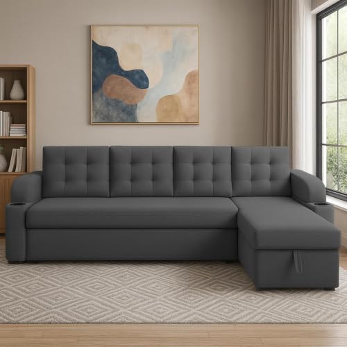 Image of Casaliving Grance RHS 6 Seater Corner Sofa Cum Bed for Living Room with Storage (Dark Grey Fabric) Premium Fabric Sofa Set
