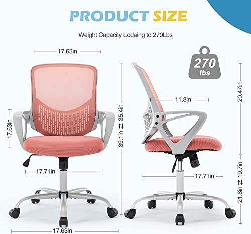 Ergonomic Office Chair - Home Desk Mesh Chair With Fixed Armrest, Executive Computer Chair With Soft Foam Seat Cushion And Lumbar Support, Pink #TOP1