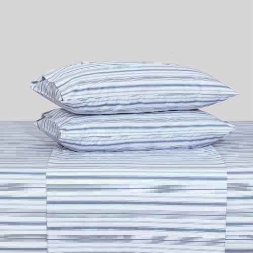 Image of Feather & Stitch Printed 500 TC Split King Size Sheet Set, 5 Piece Bed Sheets Set, 2 Twin Fitted Sheet, 1 King Flat Sheet & 2 King Pillowcases, 18 inch Deep Pockets Sateen Weave - Blue Stripe Print