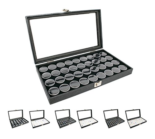 Novel Box Large Glass Top Black Leatherette Jewelry Display Case + 36 Count Jar Insert Tray in Black + Custom NB Pouch