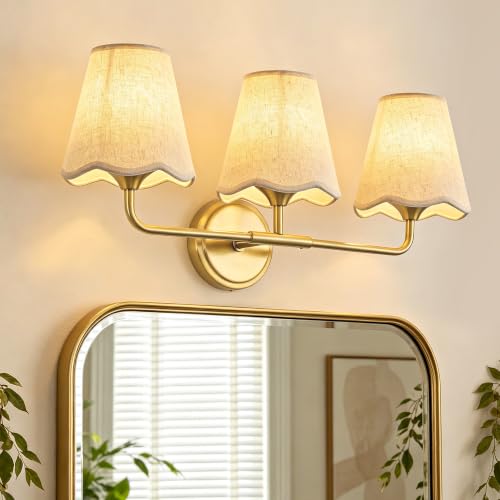 Image of Bathroom Light Fixtures 22 inch Dimmable 3-Light Gold Vanity Light | Farmhouse Bathroom Lights with Beige Wavy Fabric Shade, Vanity Lighting Fixtures for Mirror Bedroom Living Room Hallway