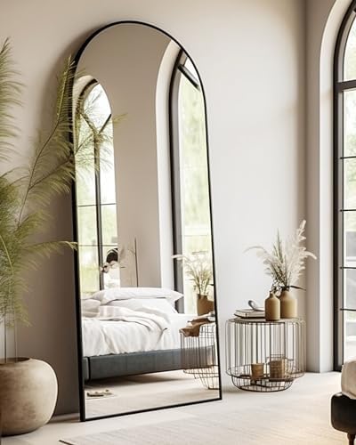 Otlsh Floor Mirror, Arched Full Length Mirror with Stand, Standing Mirror, 64″x21″ Full Body Mirror, Large Mirror, Arched Wall Mirror, Freestanding, Aluminum Frame – Black