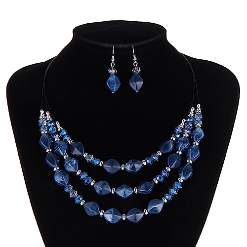 3 Layered Chunky Statement Necklace for Women Beaded Strand Necklaces with Earring Fashion Costumes Collar Necklace Jewelry Sets Gifts for Women4