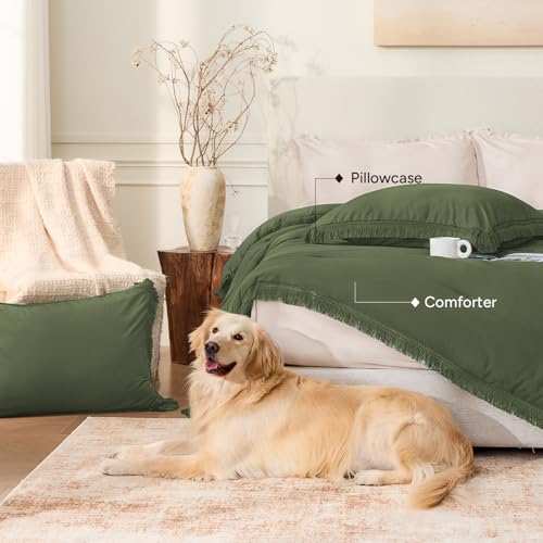 Image of Andency Comforter Oversized King Olive Green 120x98, 3 Pieces Boho Winter Lightweight Bedding Comforter Sets, All Season Tassel Bed Set (1 Comforter & 2 Pillowcases)