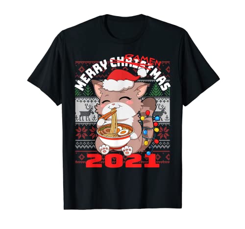 Anime Kawaii Cat Santa Hat Garland Feo Feliz Navidad Camiseta