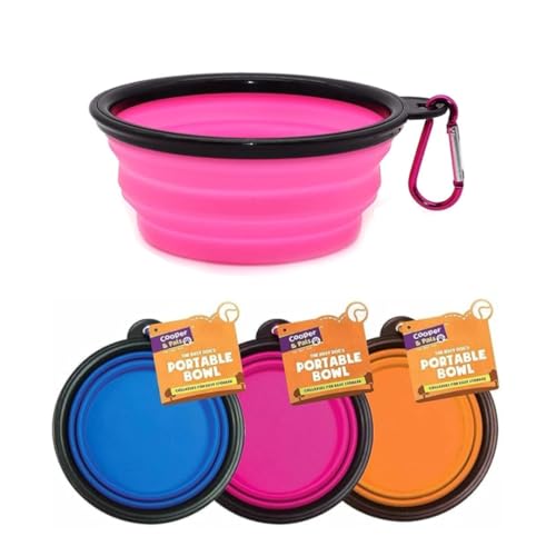 Cooper n Pals 1Pc Collapsible Dog Bowl Portable Silicone Collapsible Dog Water Bowl Pet Food Feeding Bowl Space Save Travel Dog Cat Bowl with Carabiner Carry Hook Small 350ml (12fl oz) (1pc x Pink)